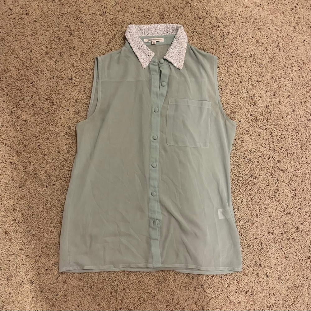 ModCloth sheer sky blue sleeveless top with white sequin collar size UK 10